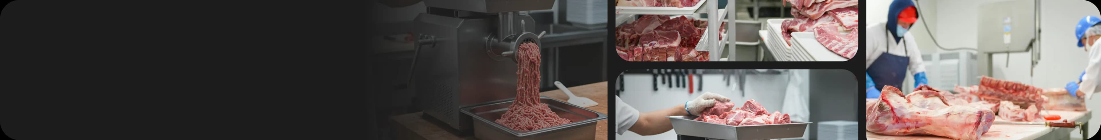 Industrial meat processing line with grinding machinery, meat slicing equipment and butchery preparation stations