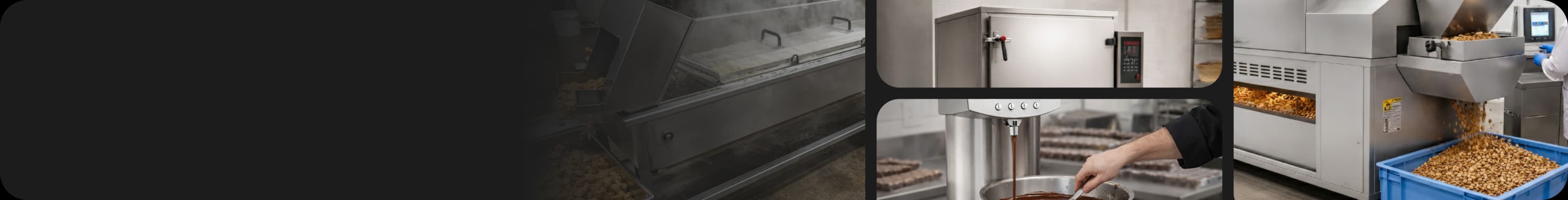 Industrial food cooking line with frying systems, thermal batch cookers and continuous roasting processing equipment