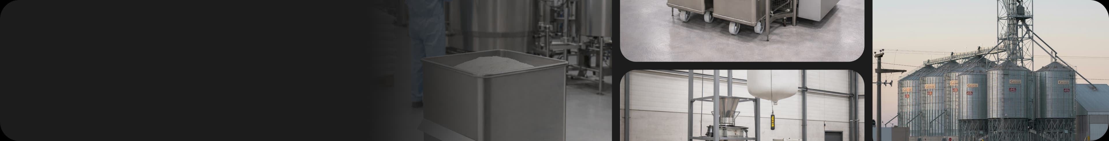 Industrial food handling and storage facility with bulk ingredient silos, conveyor transfer systems and food storage containers