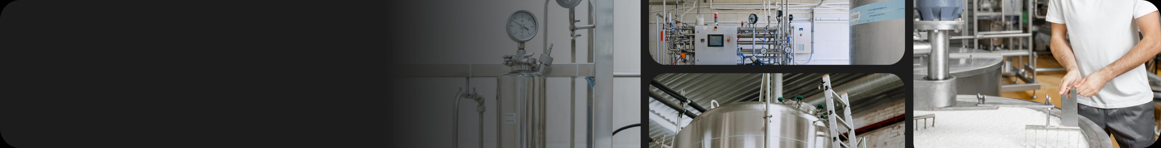 Industrial dairy processing plant with milk pasteurisation tanks, stainless steel piping systems and cheesemaking equipment